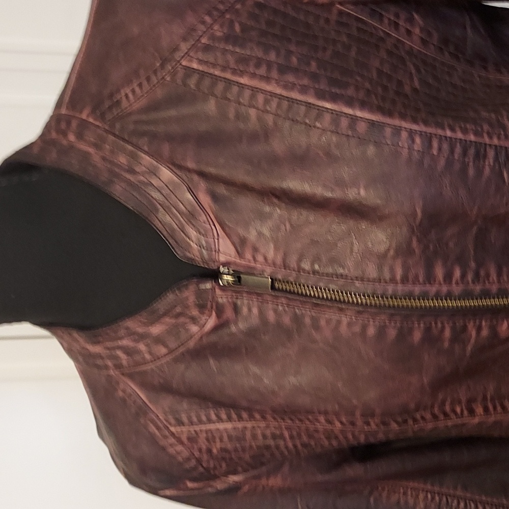 Distressed Faux Leather Jacket biker moto jacket brown size M zippered front - Picture 2 of 11
